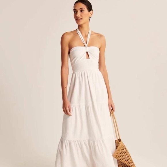 Abercrombie & Fitch Dresses & Skirts - Abercrombie & Fitch White Linen Blend Halter Cutout Tiered Maxi Dress Women's M